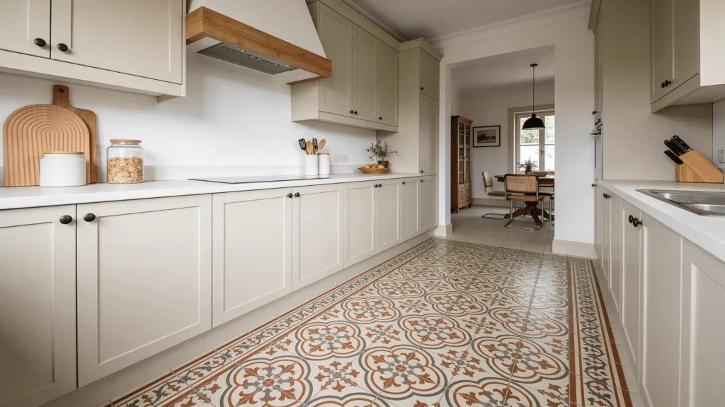 Moroccan patterned tiles on a kitchen floor with simple cabinets and minimal design