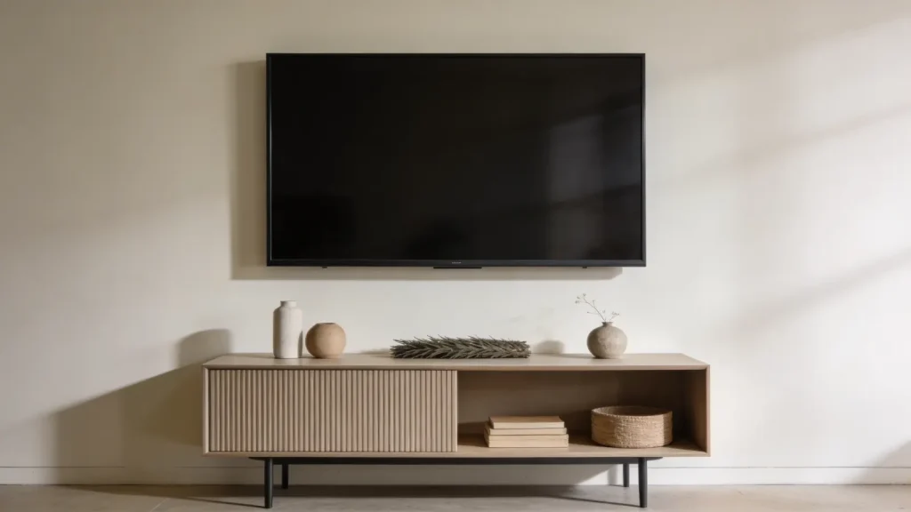 Mounted TV with decor placed below to connect wall and stand
