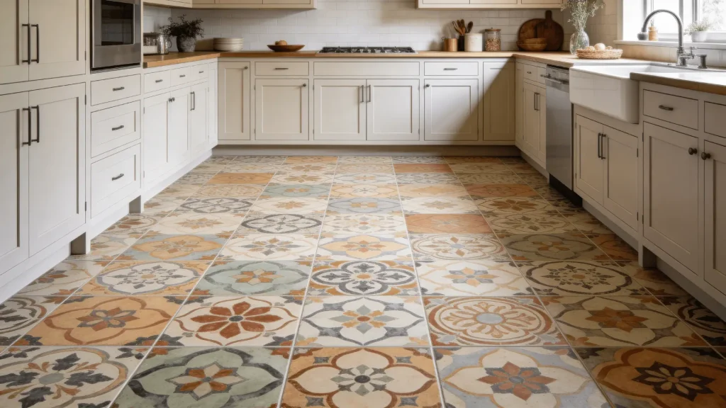 Multi-color encaustic tiles with mixed patterns on a kitchen floor in a simple kitchen setting