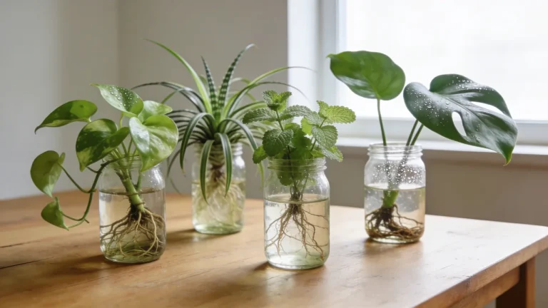 Multiple plant cuttings growing in water in glass jars placed on a wooden table near a window
