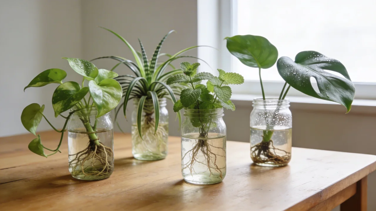 Multiple plant cuttings growing in water in glass jars placed on a wooden table near a window