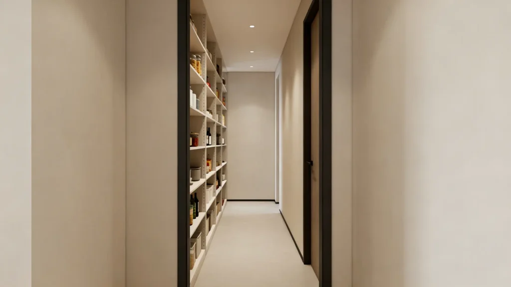 Narrow pantry hallway with shelves along one wall and open walkway
