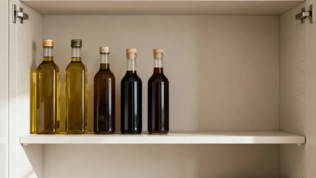 Narrow pantry shelf holding bottles of oil and vinegar