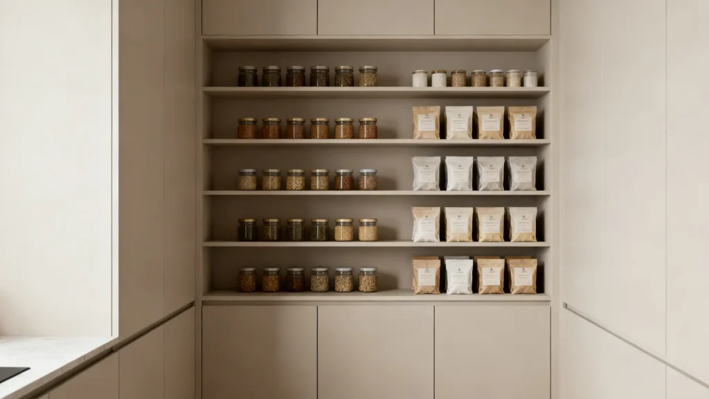 Narrow pantry wall shelves holding small jars and packets