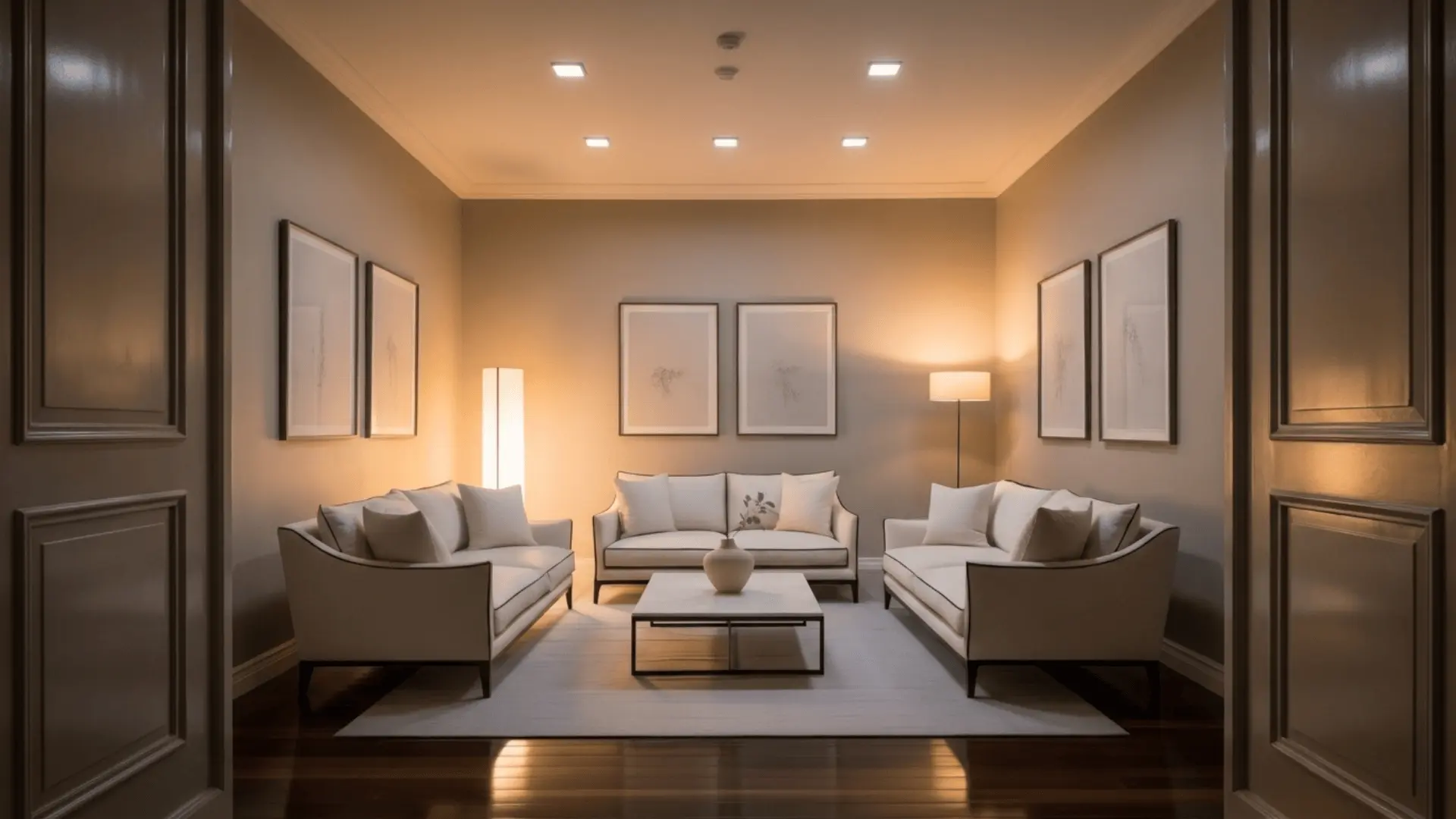 Neat drawing room with sofas facing each other around a coffee table and soft lighting near the home’s entry.