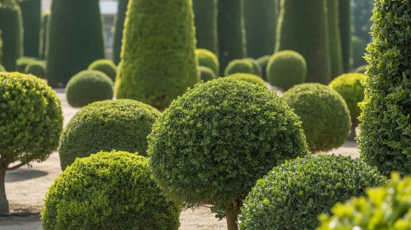 Neatly trimmed green topiary shrubs in round and cone shapes along a sunlit garden path setting