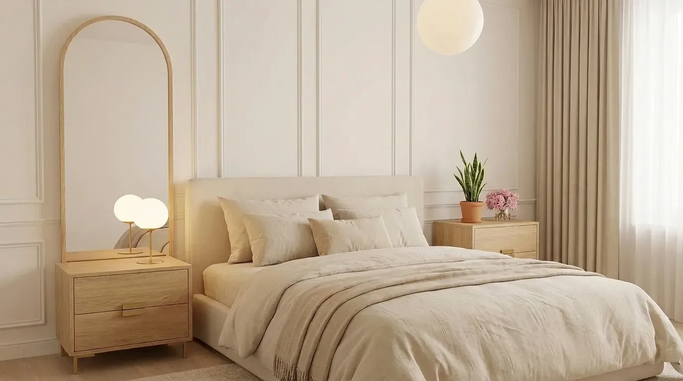 Neutral aesthetic bedroom with beige bedding, wood accents, and a small indoor plant.