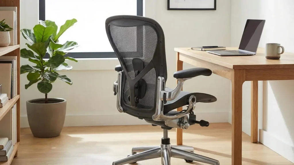 Office Chair ergonomic office chair with lumbar support at a wooden desk in a bright home office