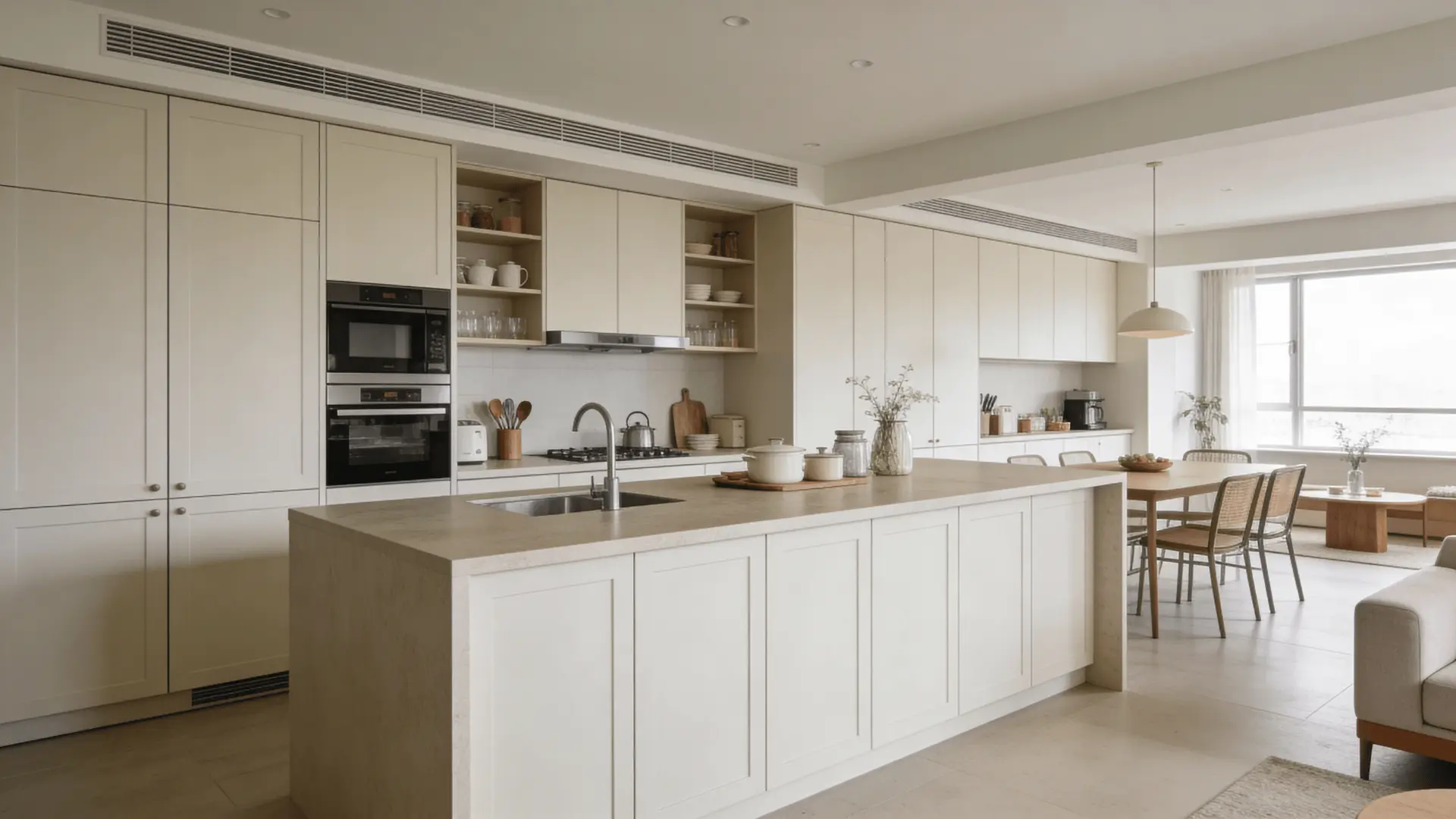 Open kitchen connected to living area with breakfast counter, cabinets, appliances, and arranged utensils