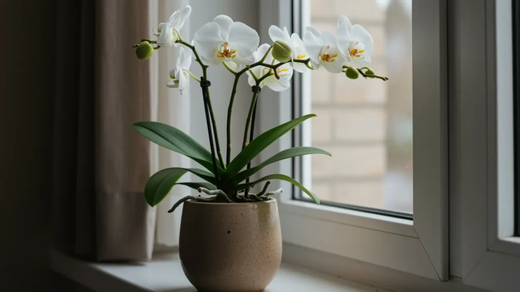 Orchid plant with delicate flowers placed indoors in soft light