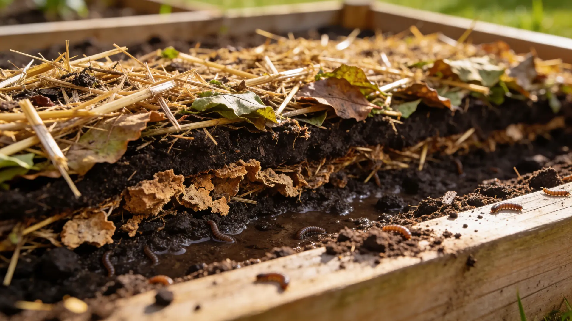 Organic layers decomposing to create fertile soil in a lasagna garden
