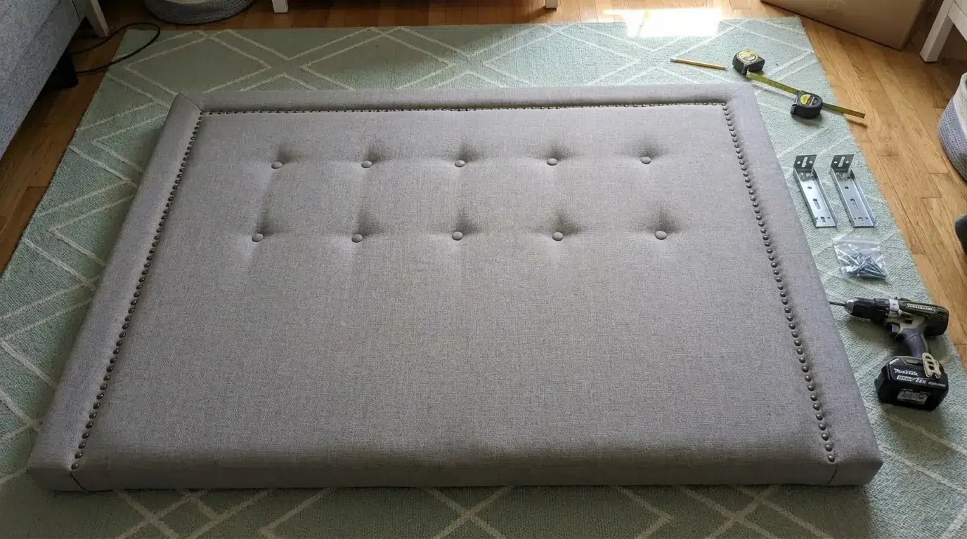 Overhead view of a completed DIY upholstered headboard on a grey rug with a drill and mounting hardware laid out beside it