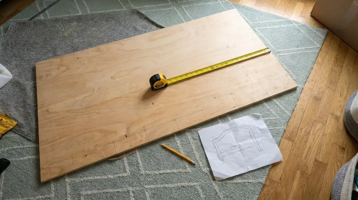 Overhead view of a plywood board on a grey rug with a measuring tape, pencil markings, and a headboard sketch during a DIY upholstered headboard build