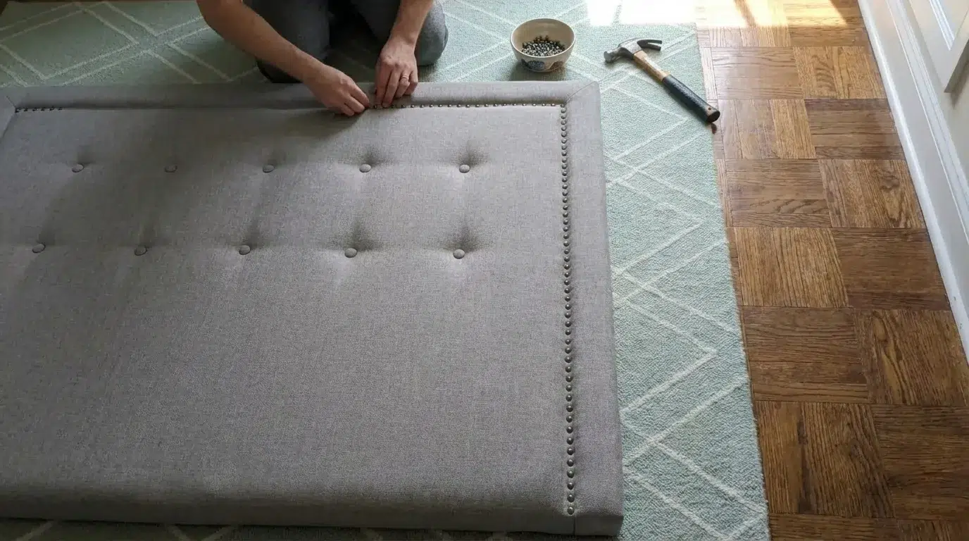 Overhead view of hands adding nailhead trim detailing along the edge of a fabric-covered DIY headboard on a grey rug