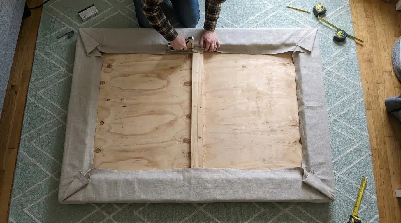Overhead view of hands stapling neutral linen fabric around the back of a DIY headboard on a grey rug