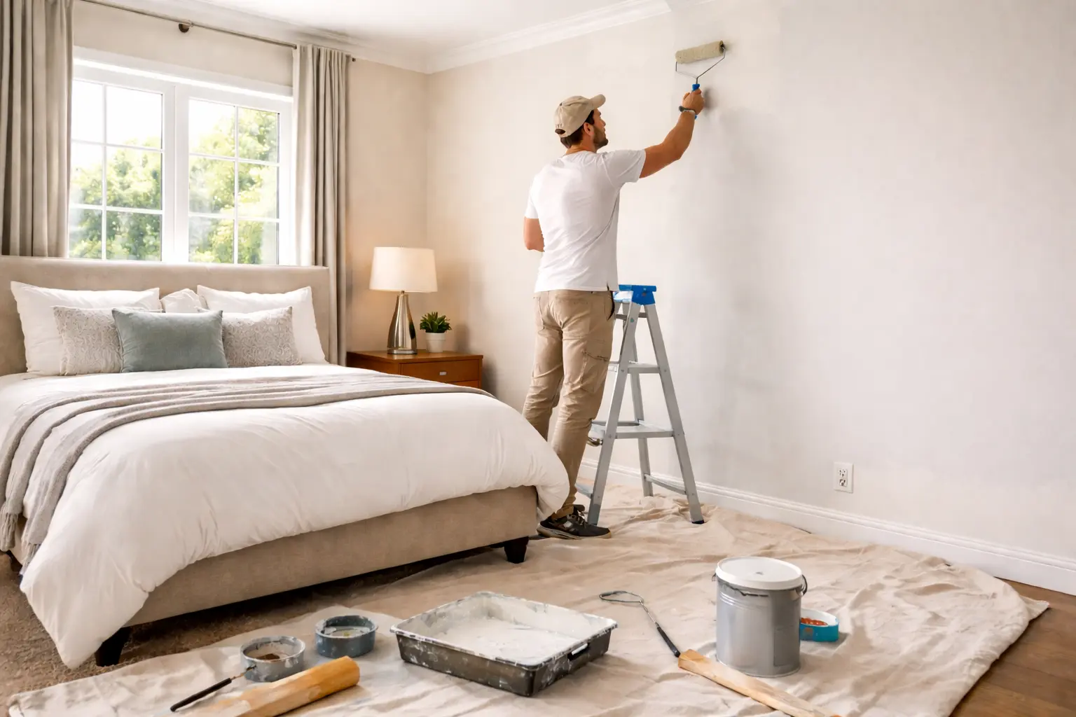 Painter at work in modern bedroom