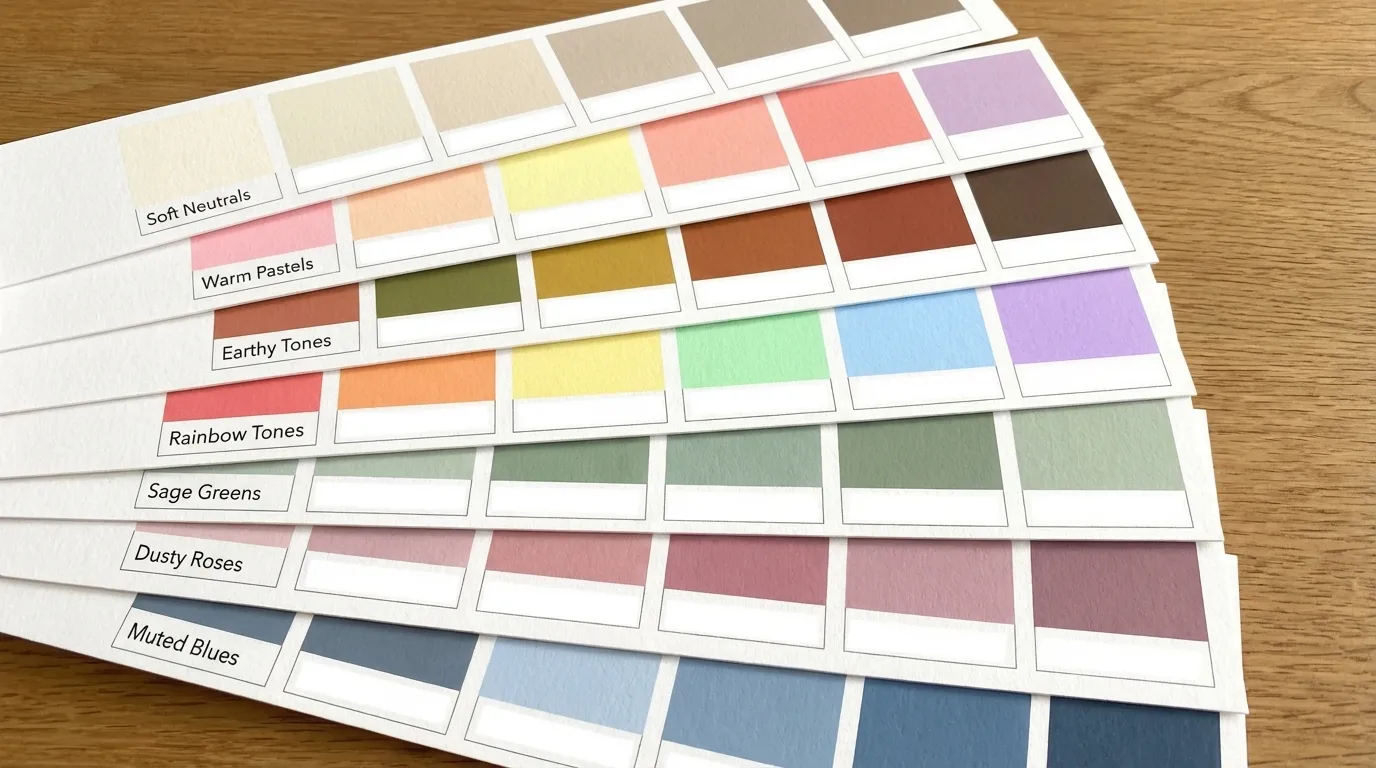 Pantone-style color swatch chart showing chill aesthetic room palette options including soft neutrals, pastels, earthy tones, and muted greens and blues.