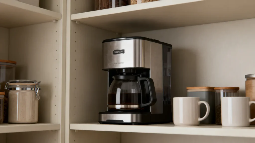 Pantry shelf with coffee machine and mugs stored nearby