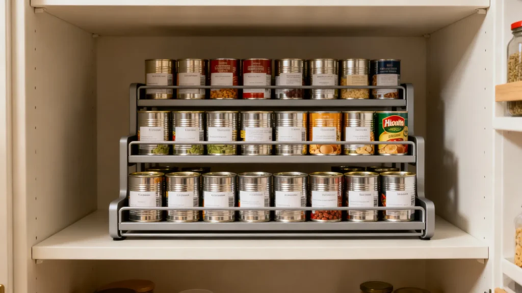Pantry shelf with tiered organizer showing rows of canned food