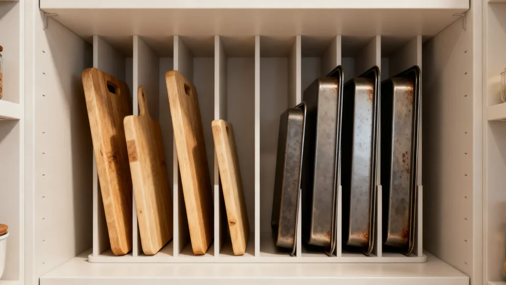 Pantry shelf with vertical dividers holding trays and cutting boards upright