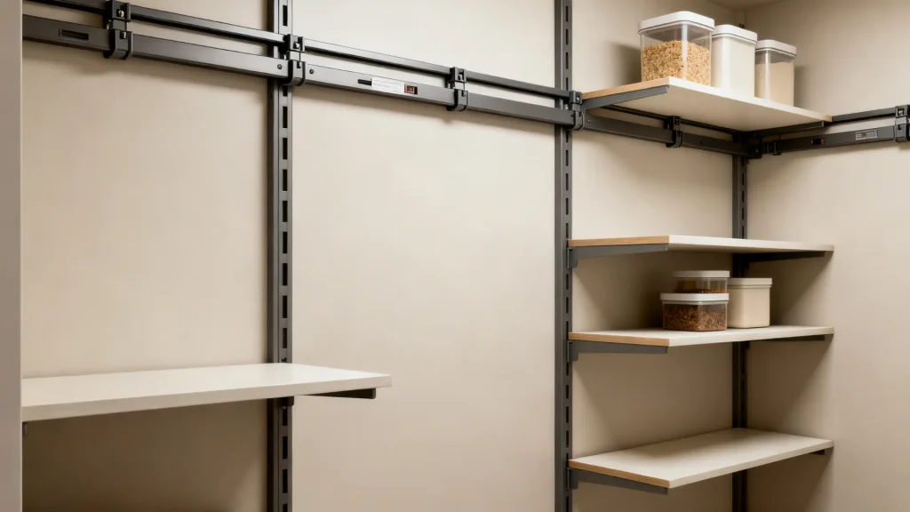 Pantry shelves mounted on adjustable wall tracks