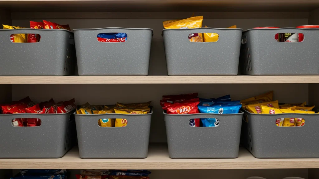 Pantry shelves with baskets holding snack package