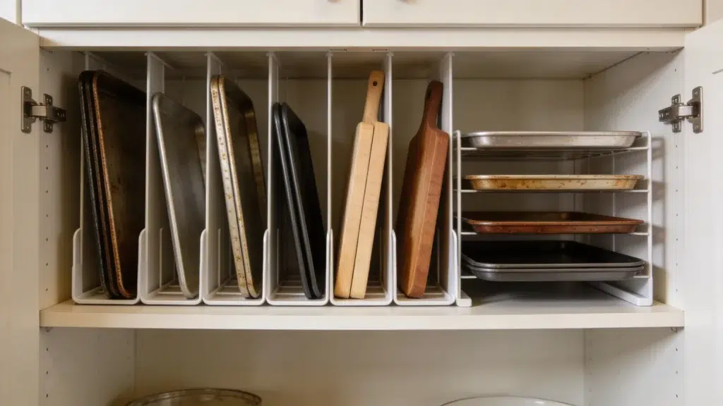Pantry with vertical dividers storing baking trays and cutting boards upright