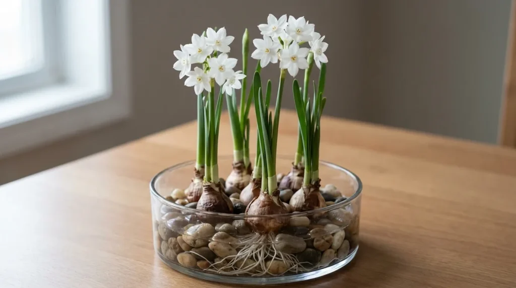 Paperwhite narcissus bulbs growing in water with stones and white flowers above