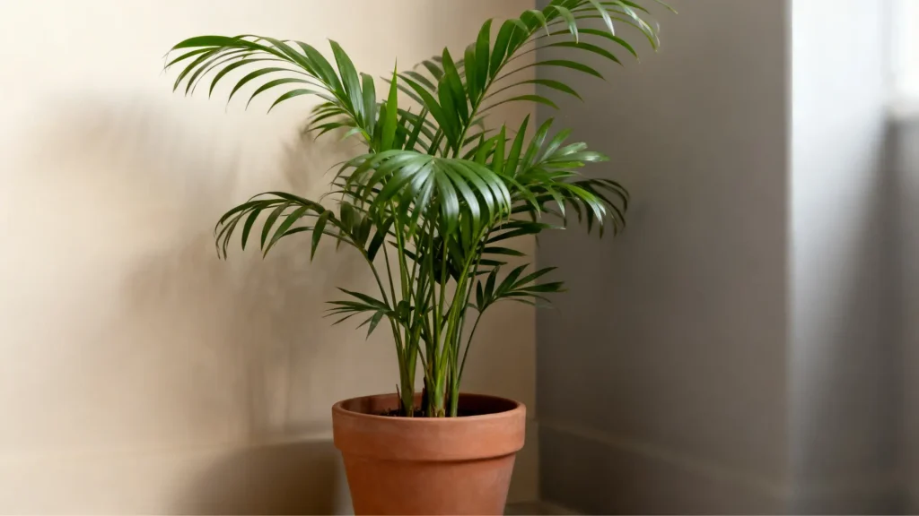 Parlor palm with soft green fronds placed indoors in a small space