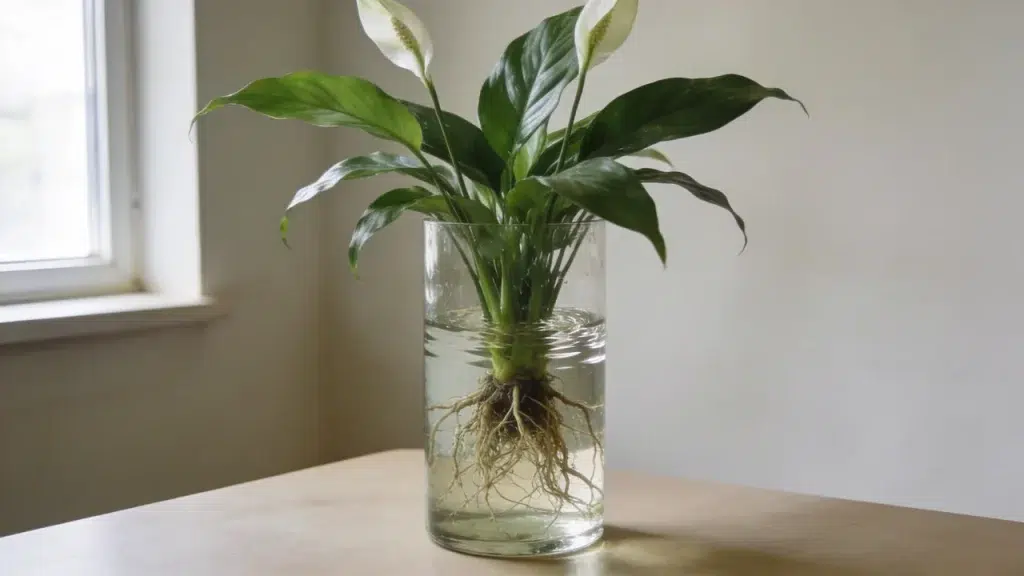 Peace lily plant with roots submerged in water in a glass container