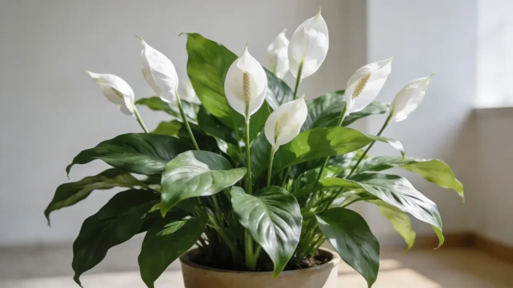 Peace lily plant with white blooms placed indoors in natural light
