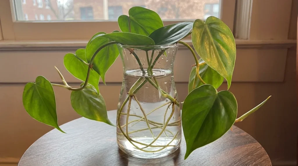 Philodendron stem cutting growing roots in a glass vase of water