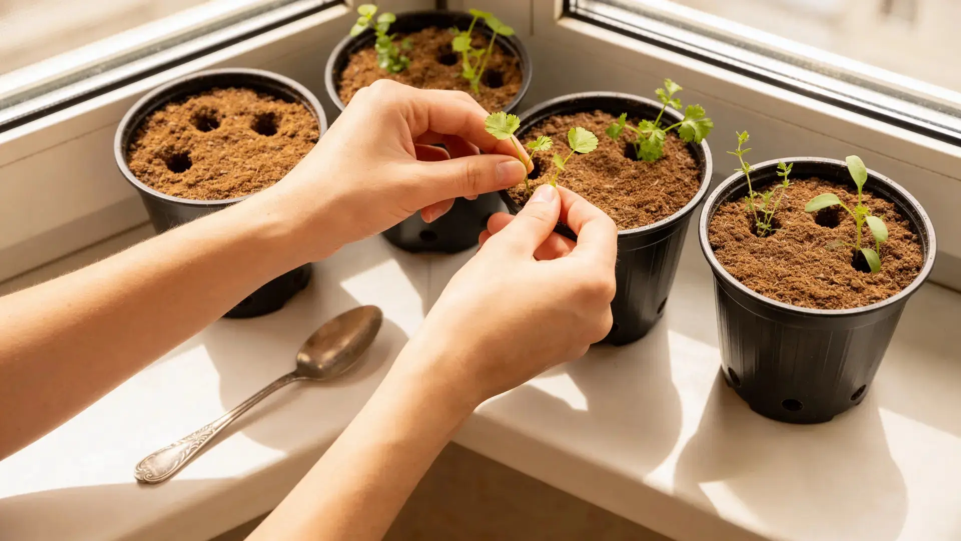 Planting herbs and small plants in containers indoors