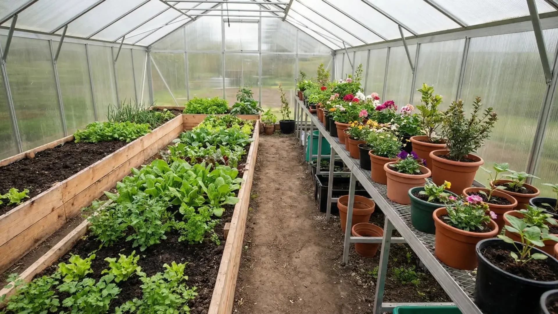 Plants growing in soil beds and containers inside a greenhouse showing both methods side by side