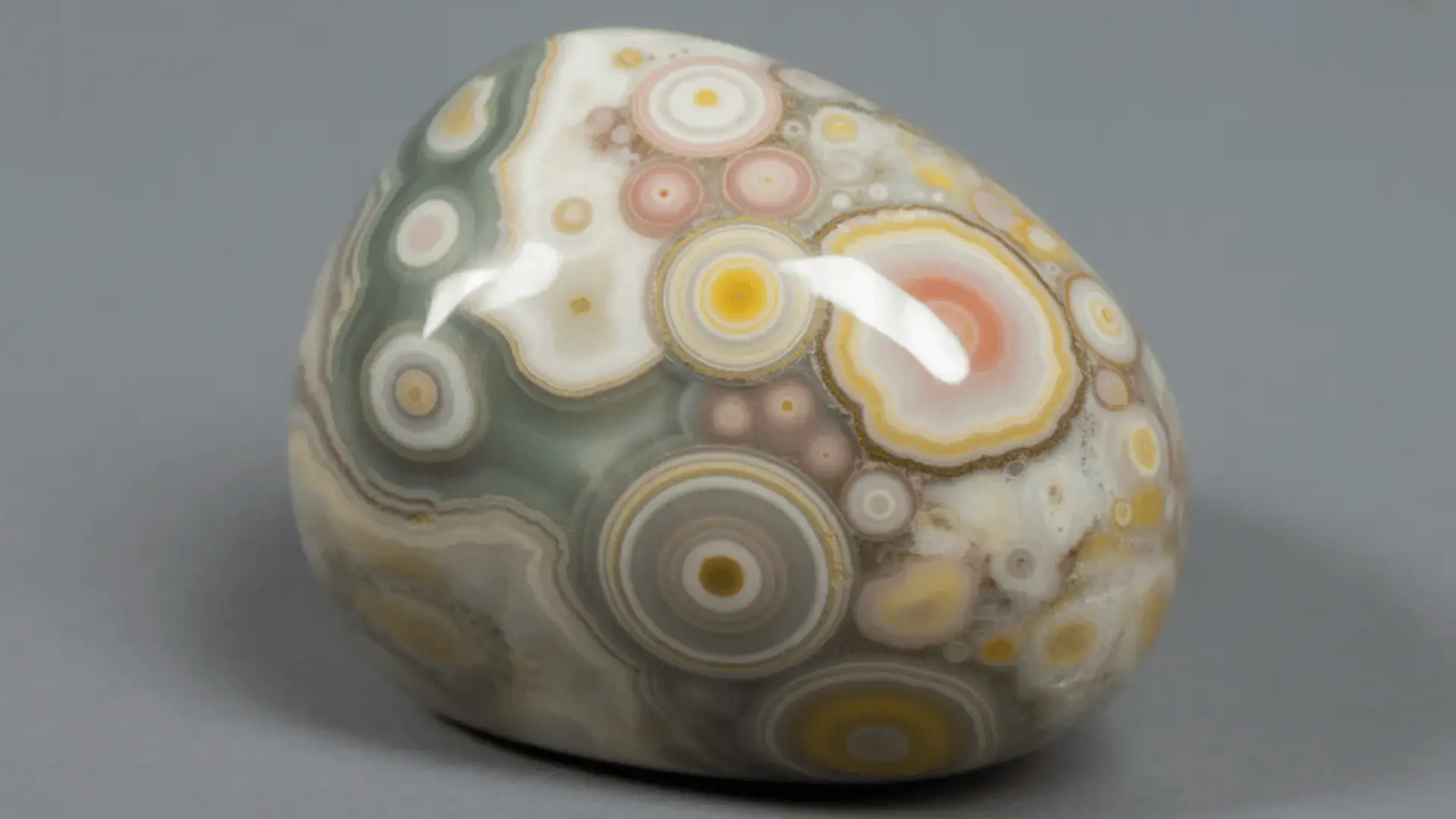 Polished ocean jasper with circular patterns in white, green, pink, and yellow on a neutral background