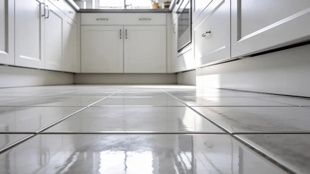 Polished tiles reflecting light on a kitchen floor with bright lighting and simple cabinets
