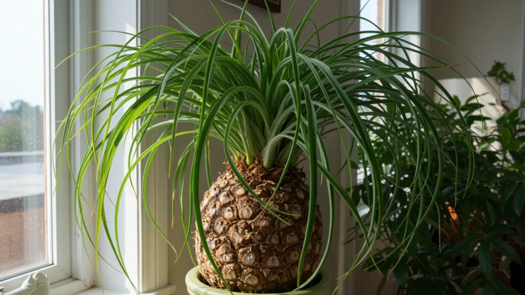 Ponytail palm with thick base and long leaves placed indoors in bright light