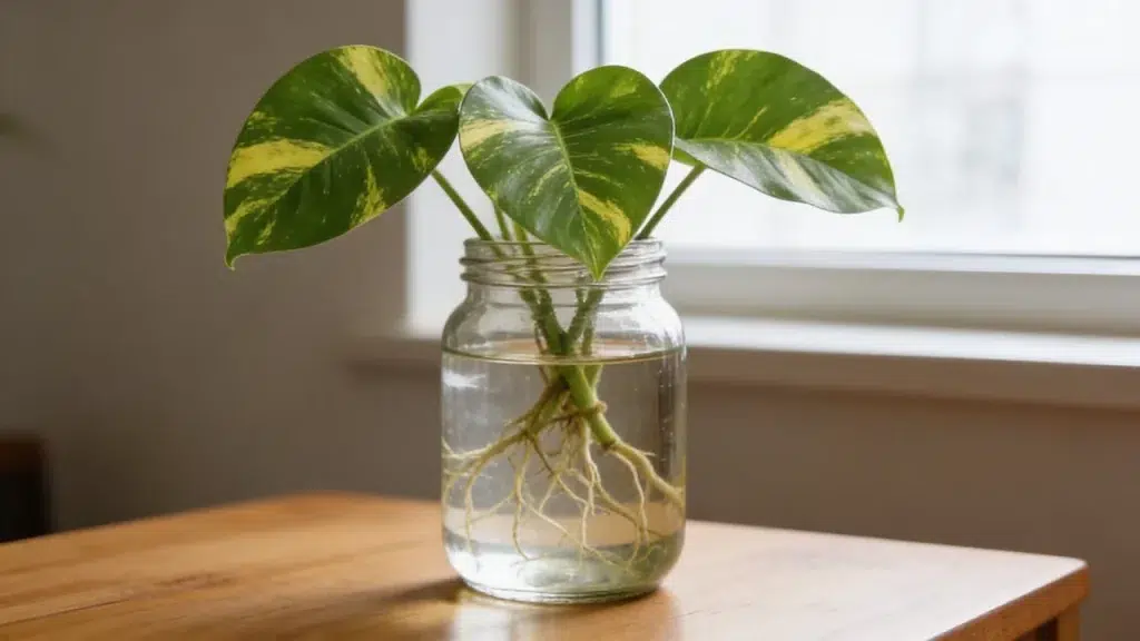 Pothos vine cutting growing in a glass jar of water with visible roots
