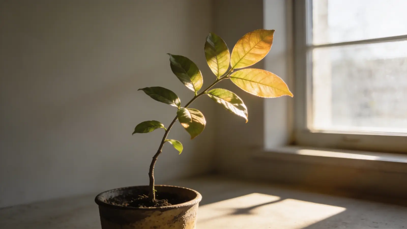 Potted plant growing upright and slightly bending toward sunlight