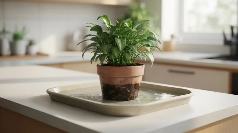Potted plant placed in a shallow tray of water for bottom watering