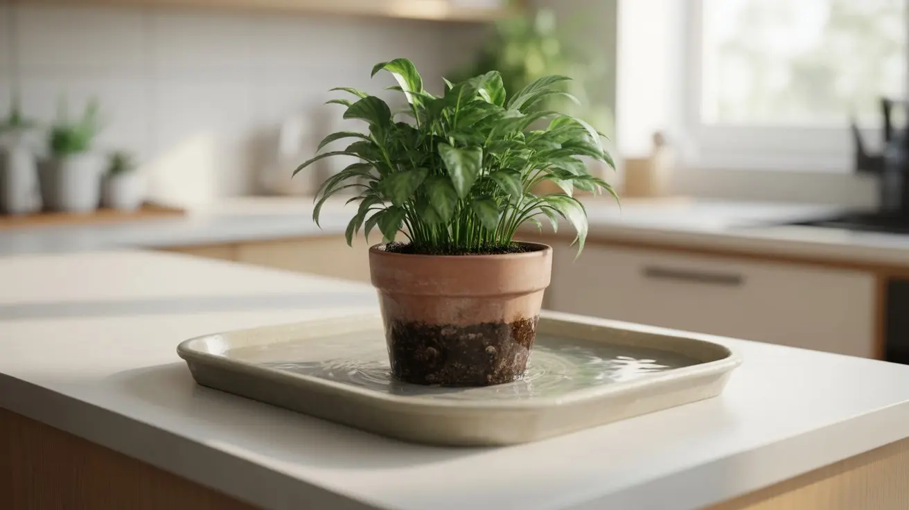 Potted plant placed in a shallow tray of water for bottom watering