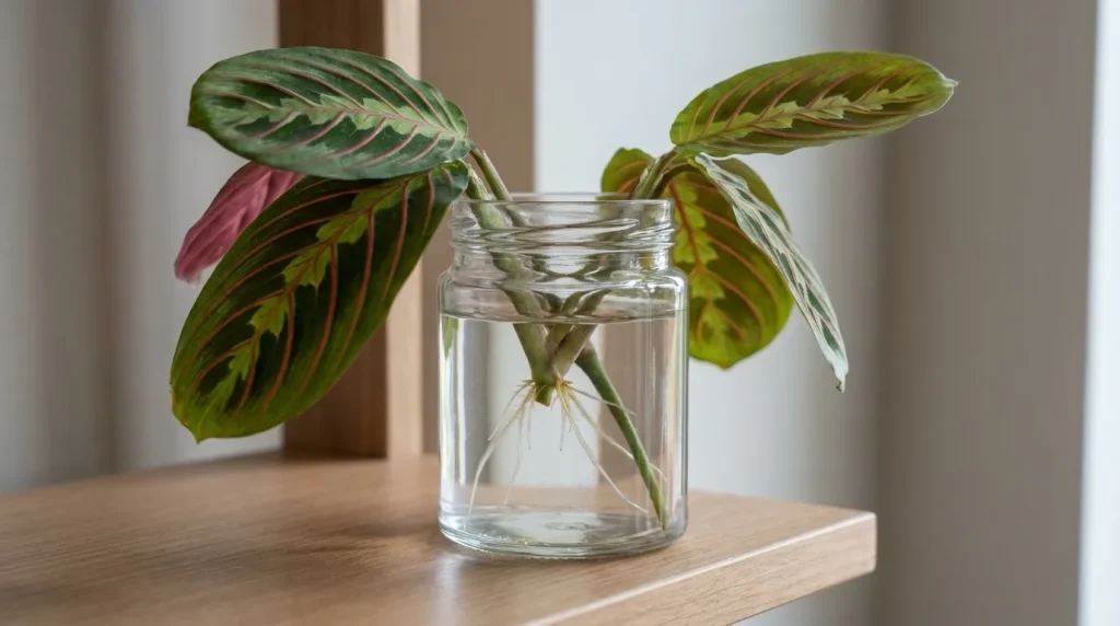 Prayer plant cutting with patterned leaves and roots growing in water