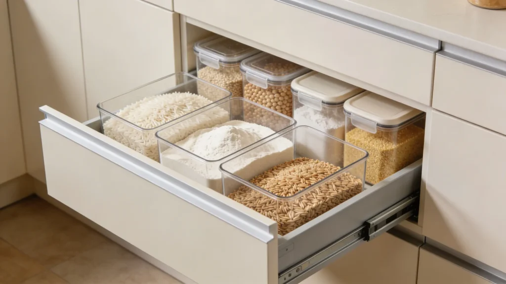 Pull-out pantry bins storing bulk food like rice and flour in an organized way