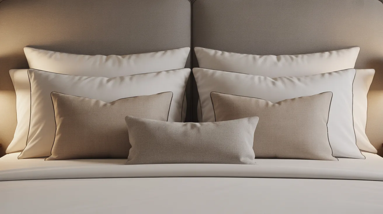 Queen bed with king pillows, euro shams, and small rectangular accent pillows arranged in three layers.