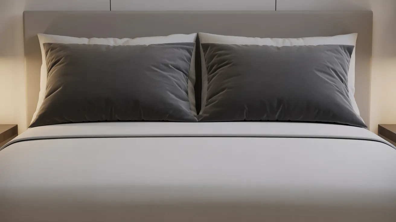 Queen bed with two king pillows placed side by side across the mattress against a headboard.