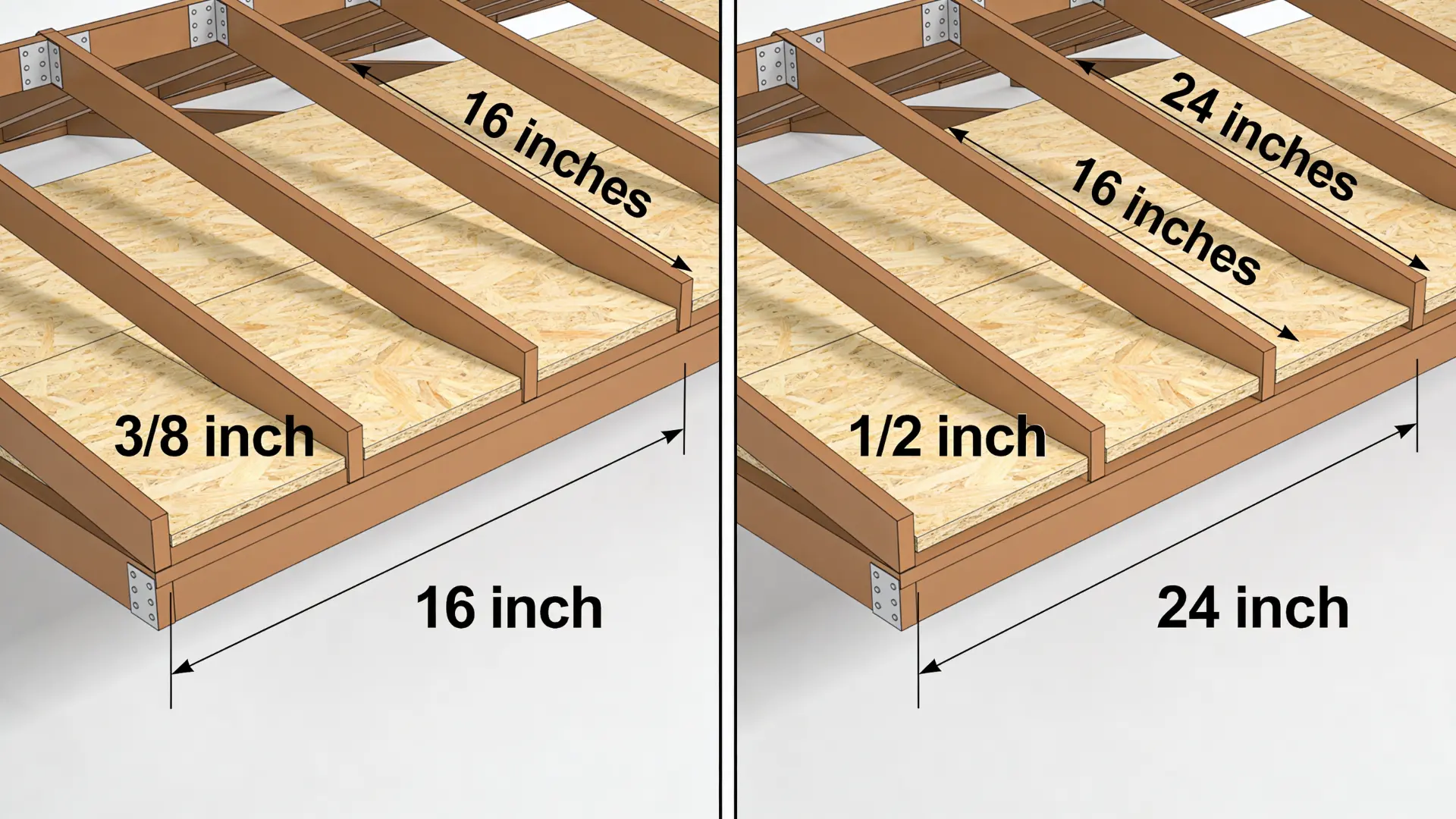 Rafter spacing comparison showing how plywood thickness varies between 16-inch and 24-inch roof framing