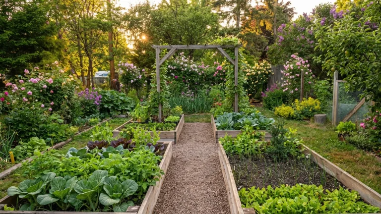 Raised garden beds with vegetables, wooden pathways, and a trellis structure in a well-organized backyard garden