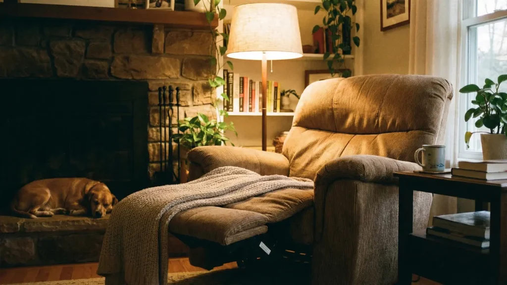 Recliner large upholstered recliner with footrest extended in a warm living room setting