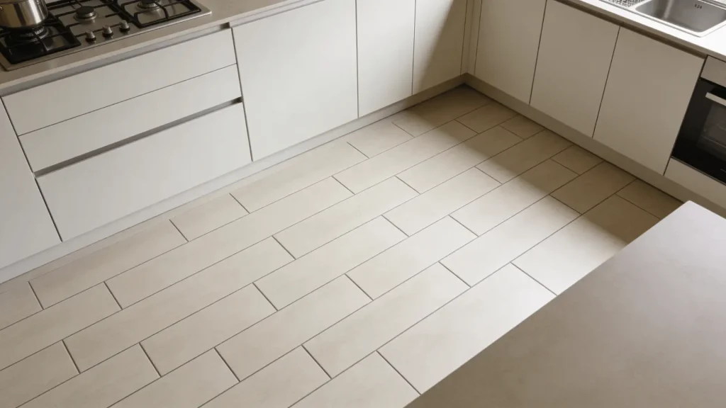 Rectangular tiles arranged in a stacked layout on a kitchen floor with clean modern design