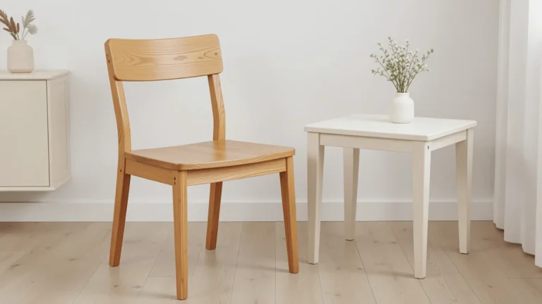 Refinished wooden chair and small table with fresh paint in a simple indoor setting